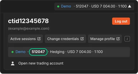 cTrader: account list with the TRONEXO account