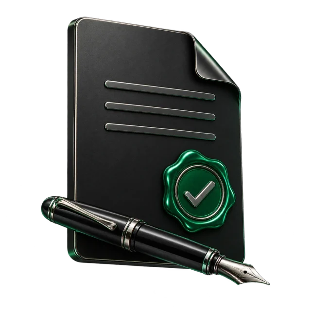 A black contract with a green approval seal and a fountain pen.