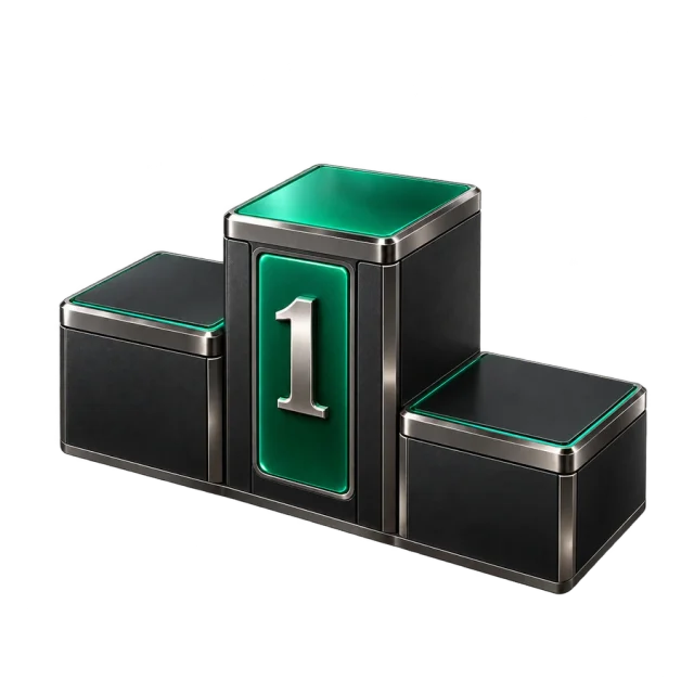 Three black podium steps with a green central first-place block and a silver number one.