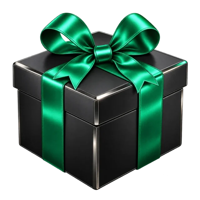 A black gift box with silver edges, wrapped in an emerald ribbon and bow.