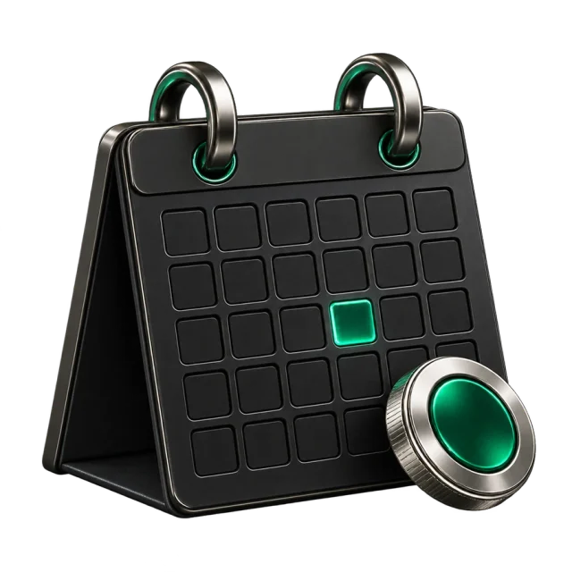 A black calendar with a green scheduled date and a coin.