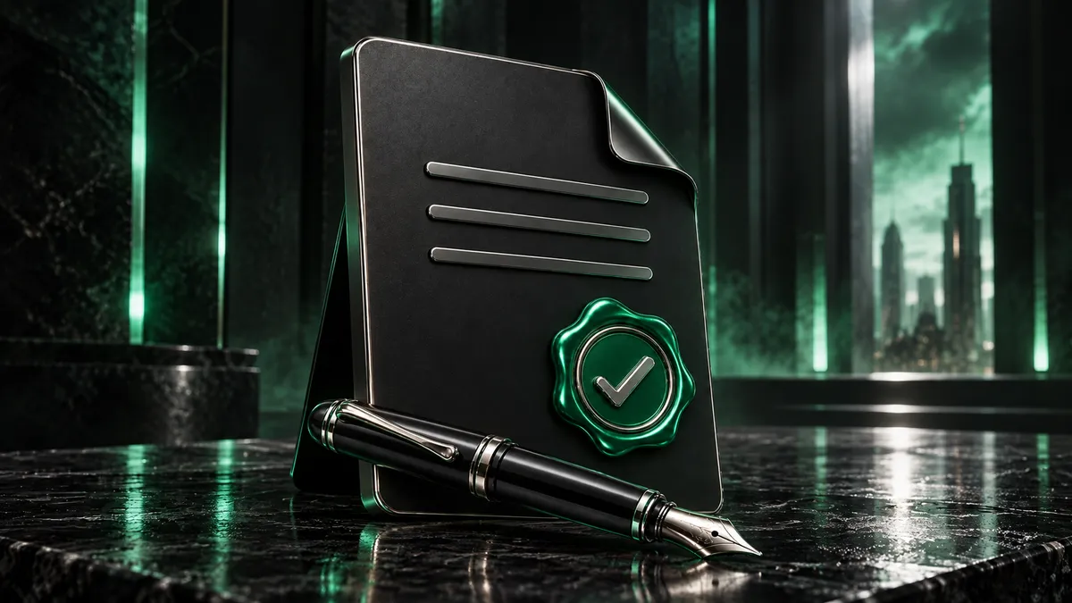 A contract with a green check-mark seal and a fountain pen on a dark marble desk