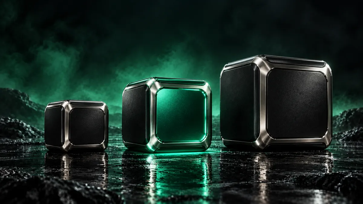 Three metal cubes of increasing size, the middle one lit green