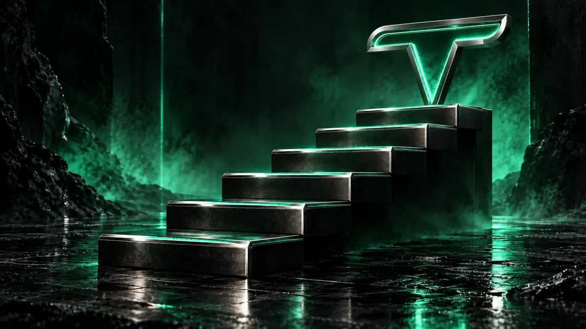 Glowing metal steps rising to the TRONEXO T symbol