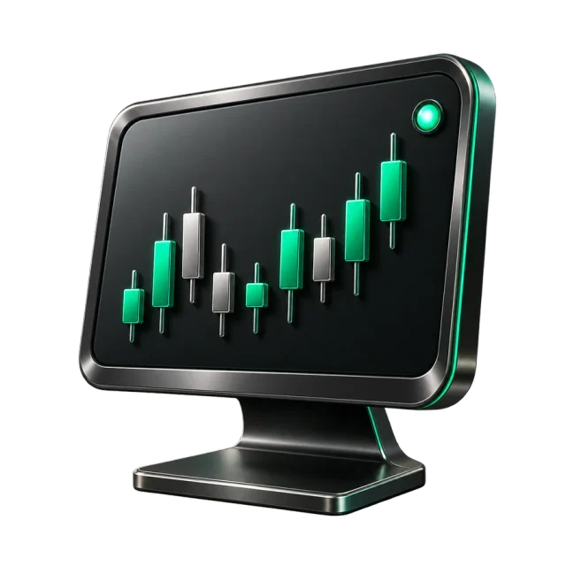 A black trading terminal with candlesticks and a green live indicator.