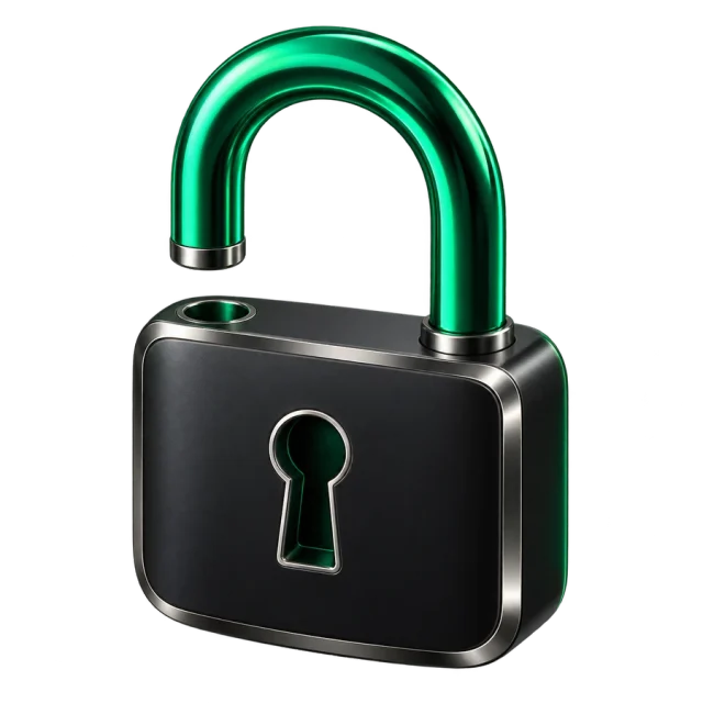 An open black padlock with a raised green shackle and a visible gap above the empty socket.