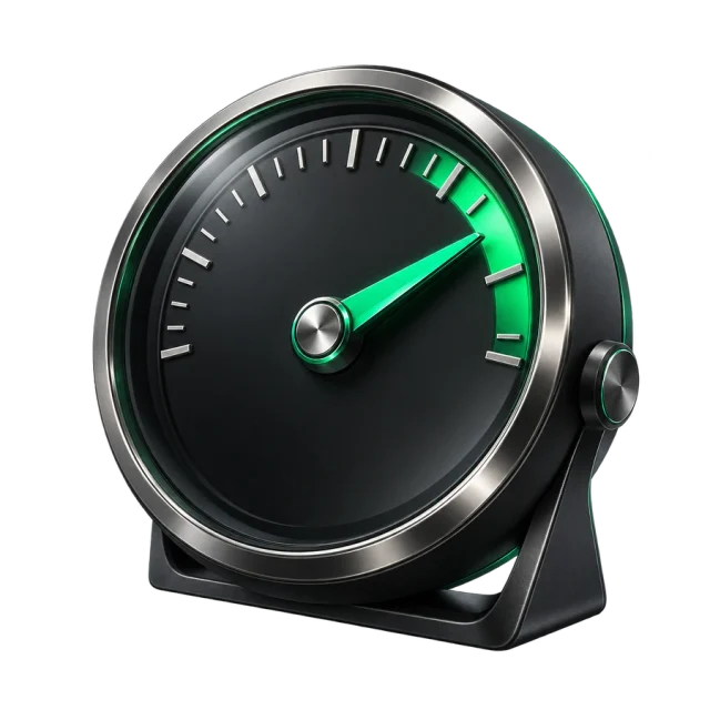 A black performance gauge with a green needle pointing into the highlighted upper range.
