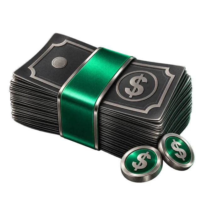 A bundle of banknotes wrapped in a green band, with two silver and green coins.