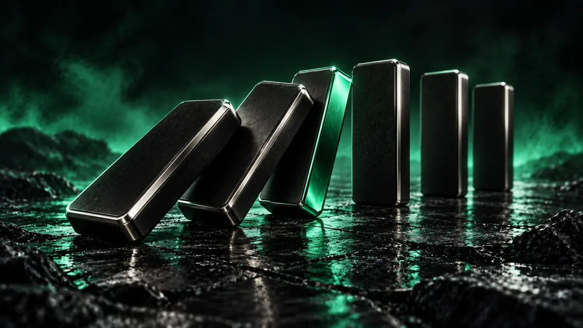 A row of metal dominoes toppling, one of them lit green