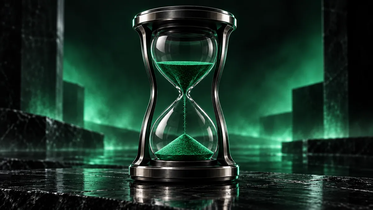 An hourglass with green sand running through it
