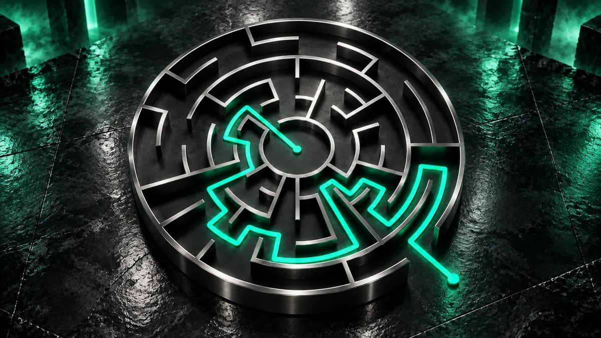 A circular maze with a glowing green path to its centre