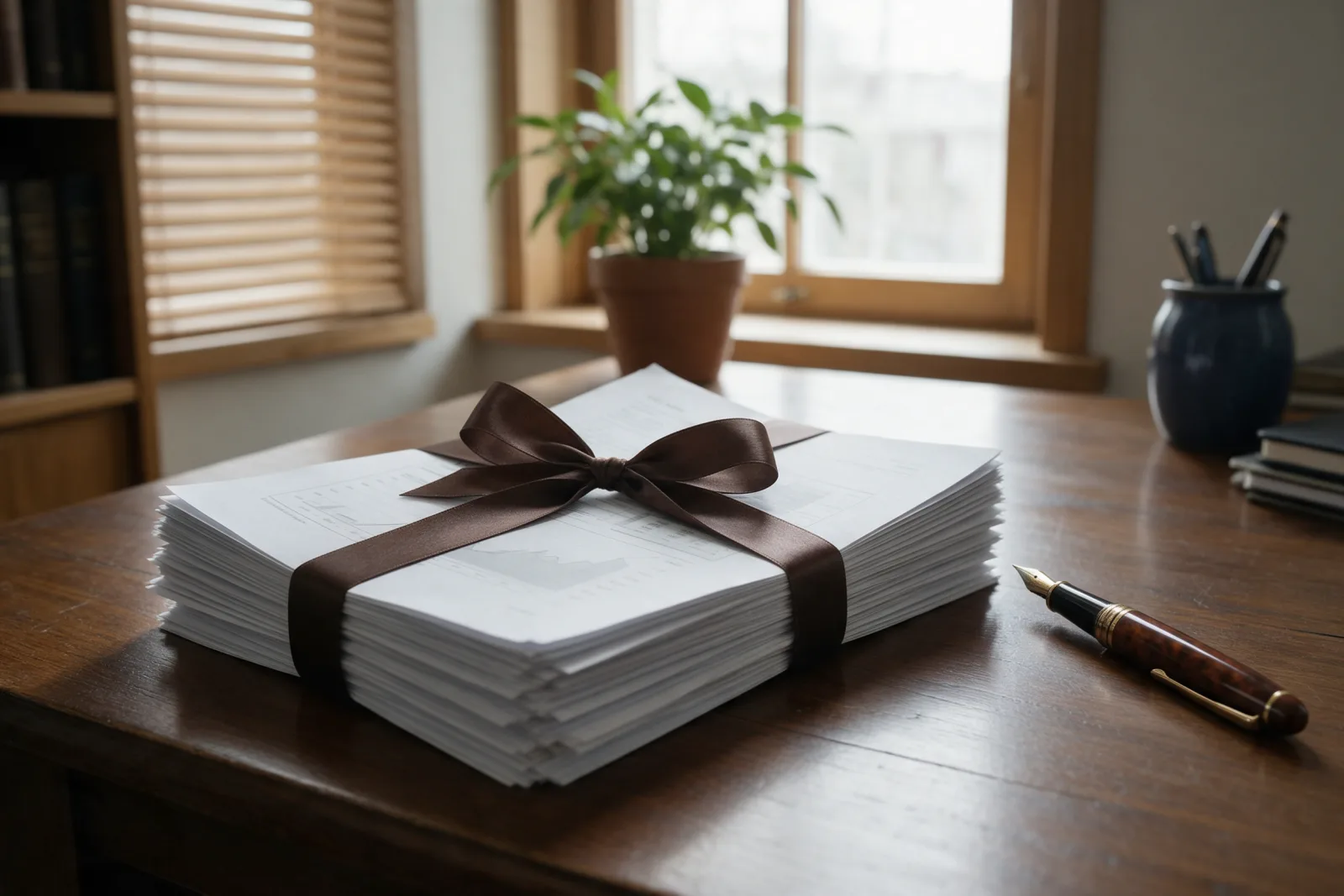 A neat stack of printed papers tied with a dark brown satin ribbon on a wooden desk beside a fountain pen, with a window and plant behind.