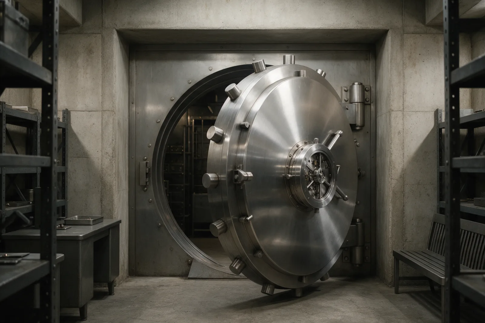 A massive round polished steel vault door standing partly open in a bare concrete room, with metal shelving on both sides.