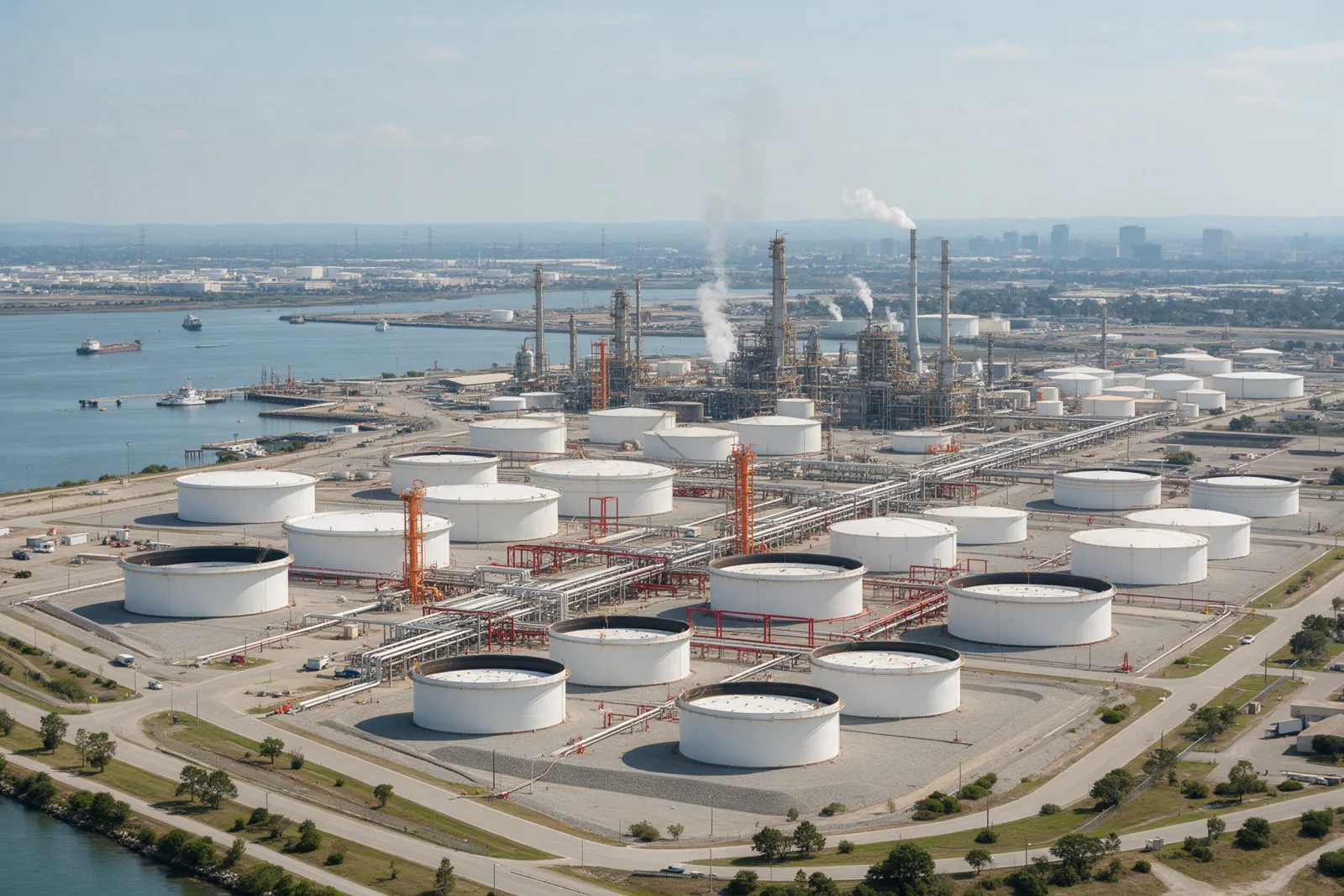 Aerial view of an oil refinery and tank farm with round white storage tanks, pipelines and steam stacks beside a bay.