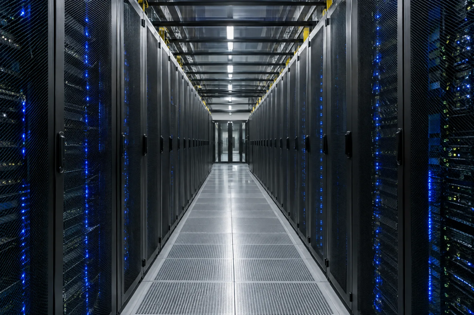 Dlouhá ulička datového centra mezi řadami černých serverových racků s modrými světly, ubíhající ke skleněným dveřím.